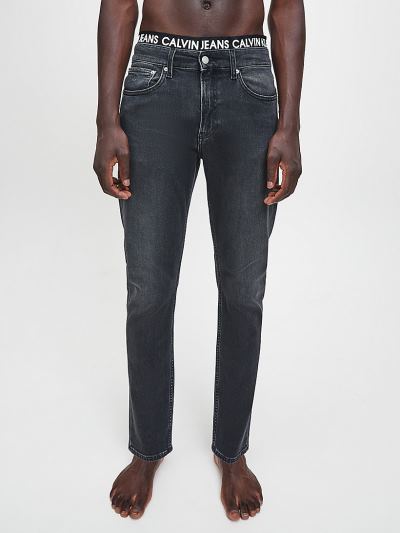 Calvin Klein Ruhák HU412356 | Calvin Klein Logo Waistband Slim Tapered Férfi Farmernadrág Fekete